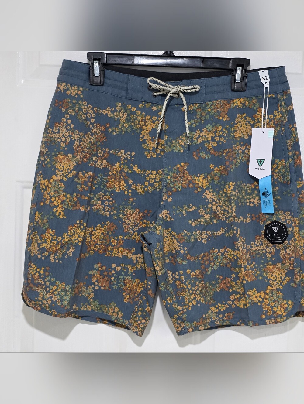 VISSLA Slate Blue Swim Shorts with Yellow Floral Print
